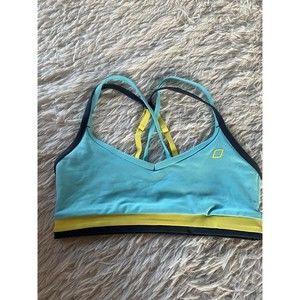 Lorna Jane LJ Black Premium Strappy Back Sports Bra Small Blue Neon Yellow